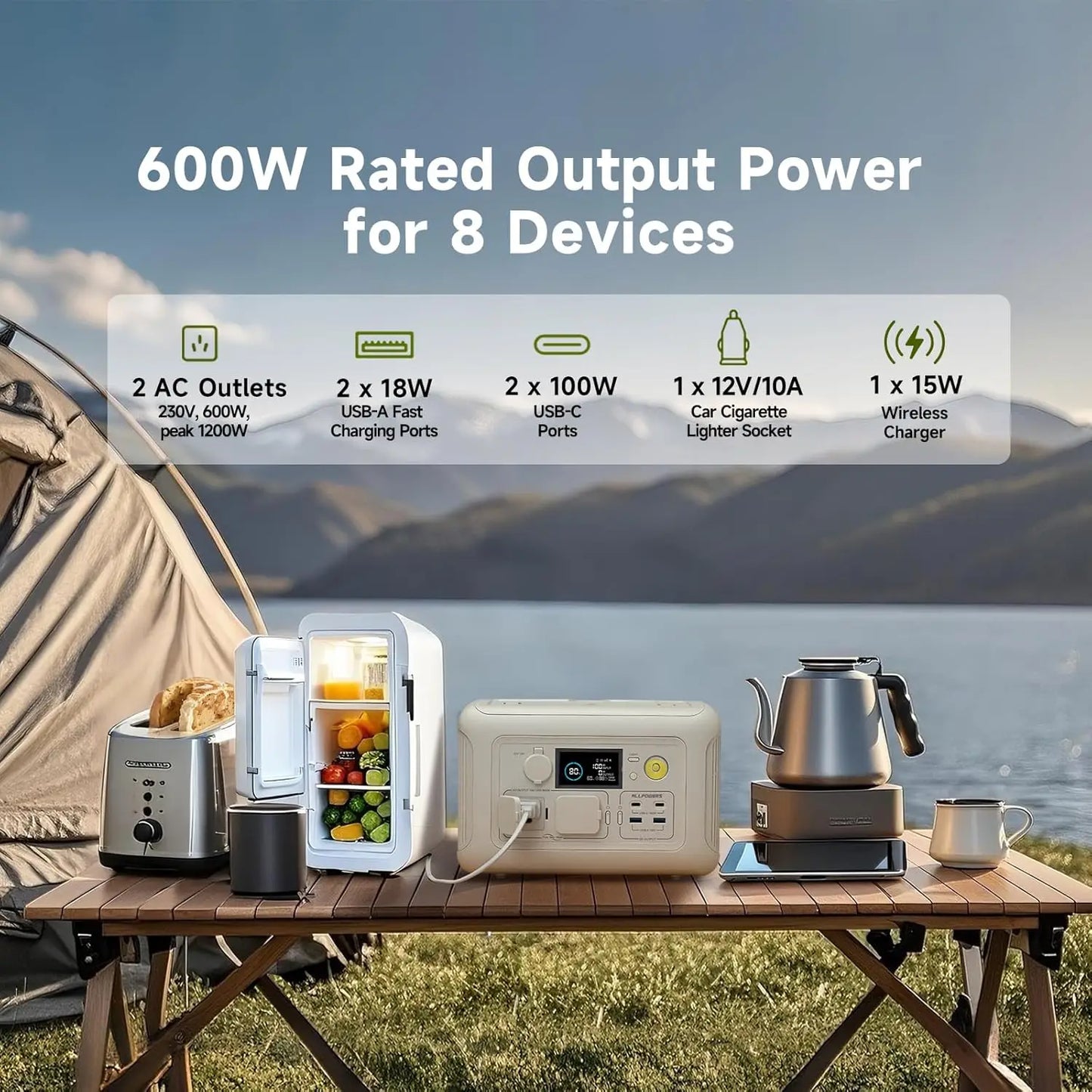 R600 Portable Power Station 600W 299Wh LiFePO4 Solar Generator UPS Battery Backup MPPT & 100W Solar Panel for Camping