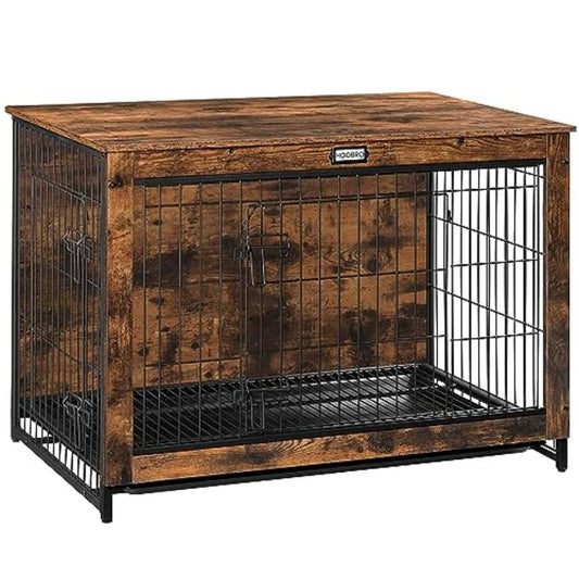 Dog Crate Furniture, 38.6" Large Dog Kennel Indoor, Wooden Cage with Pull-Out Tray, Double Doors Pet House Side End Table for Large Dog