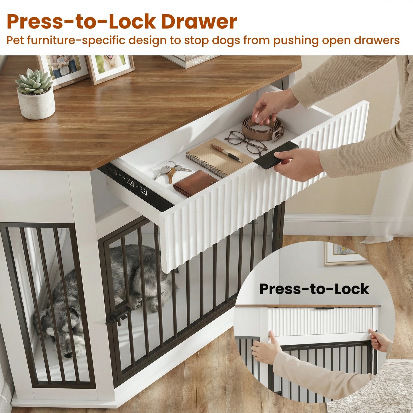 44.6'' Corner Dog Crate Furniture with Fluted Storage Drawer, Wooden Dog Kennel End Table for TV Stand, Decorative Pet Crate