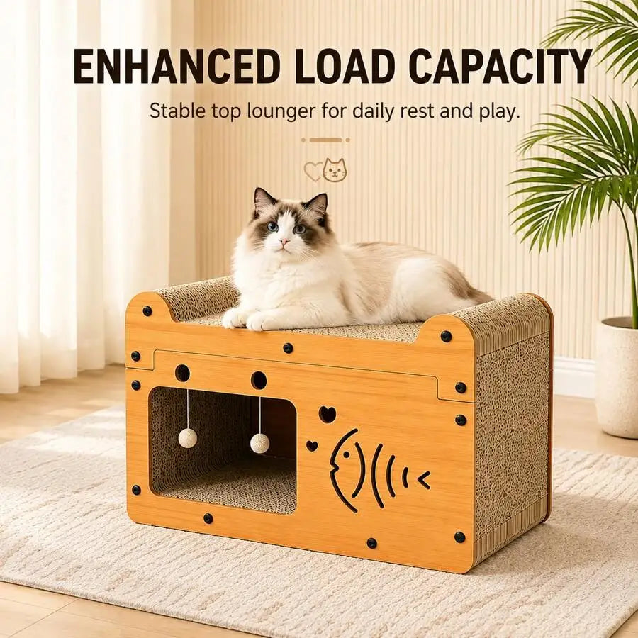 Cat Scratching House With Hanging Toy Balls, 56x30x30cm Corrugated Cardboard Lounge Bed
