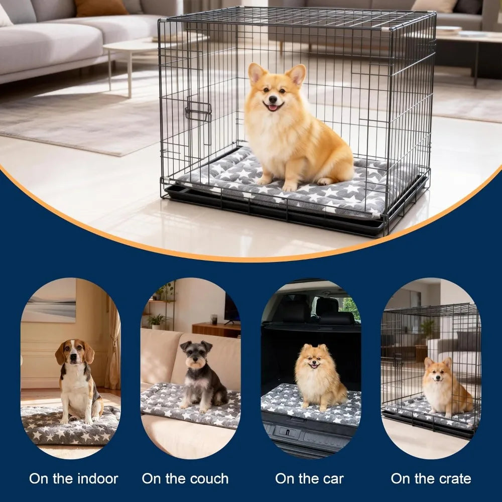 4 Piece Washable Dog Bed Mat with Anti-Slip Bottom, Deluxe Plush Memory Foam Crate Pad, Waterproof Outdoor Kennel Mat for Dogs & Cats, Large, Medium, Small Puppy Size 30" x 20"