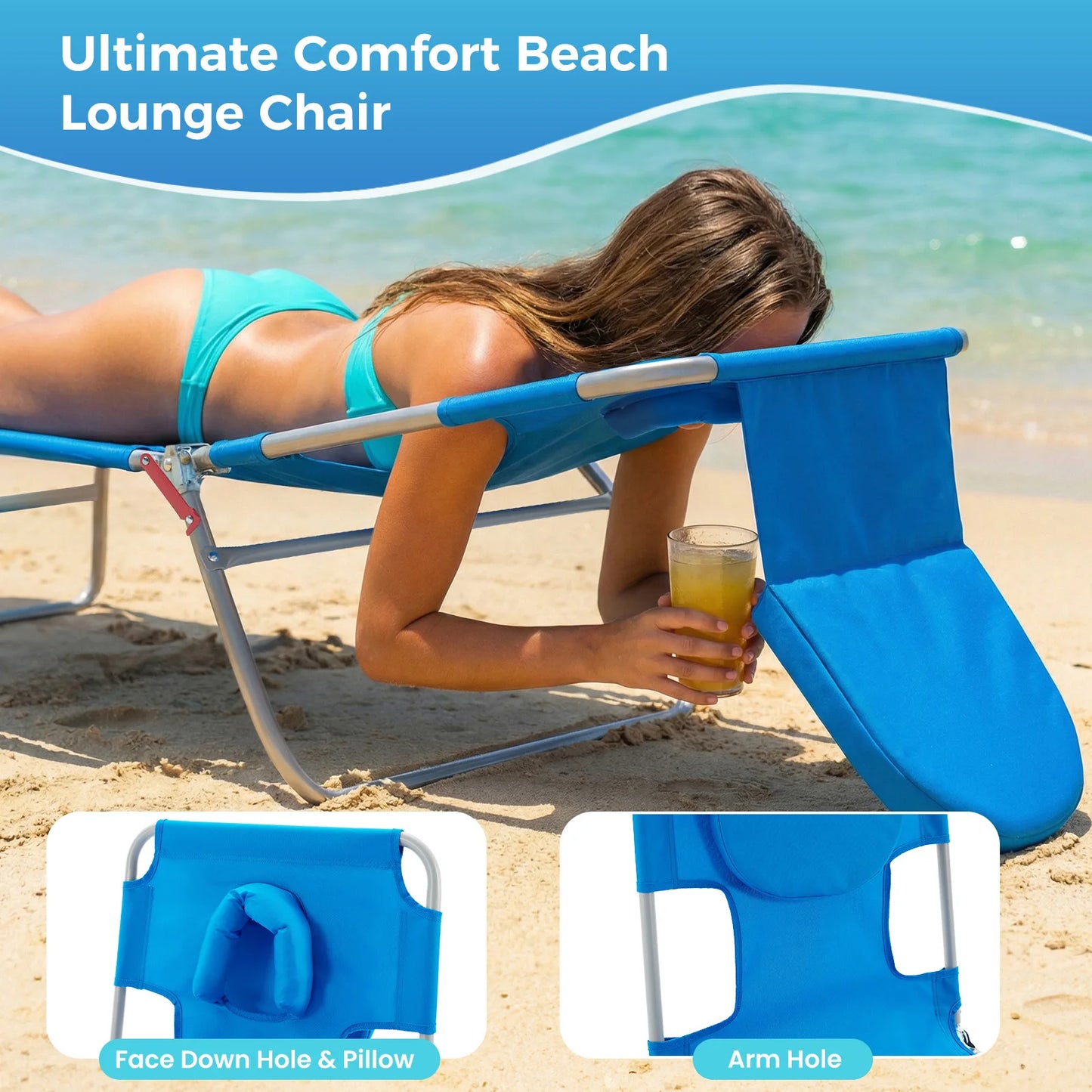 5-Position Adjustable Recline Beach Lounge Chair Portable Folding Sun Chairs with Face Arm Holes Max Load 225 LBS for Patio