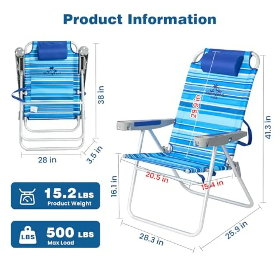 Outdoor Folding Beach Chair for Adults: Lightweight Aluminum Frame, Black Color, Supports 500 LBS With Cup Holders and High Back