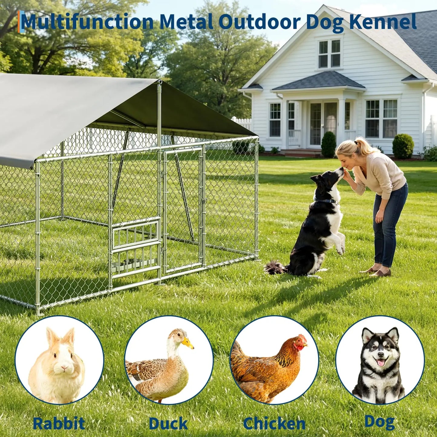 10 x 10 x 5.9FT Outside Dog Enclosure With PE Waterproof Roof, 360° Feeding Door, Heavy Duty Lockable Galvanized Kennel