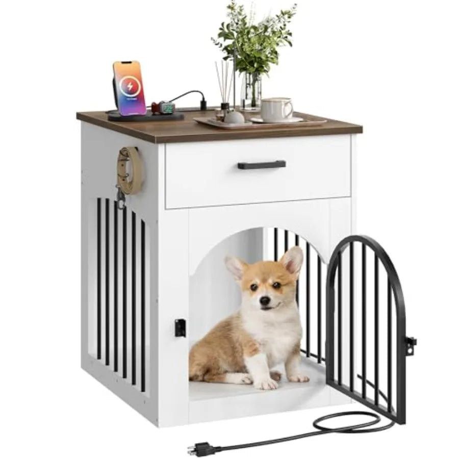 Dog Crate Furniture, Wooden Dog House with Charging Station and Storage Drawer, Indoor Pet Crate End Table for Small Breeds