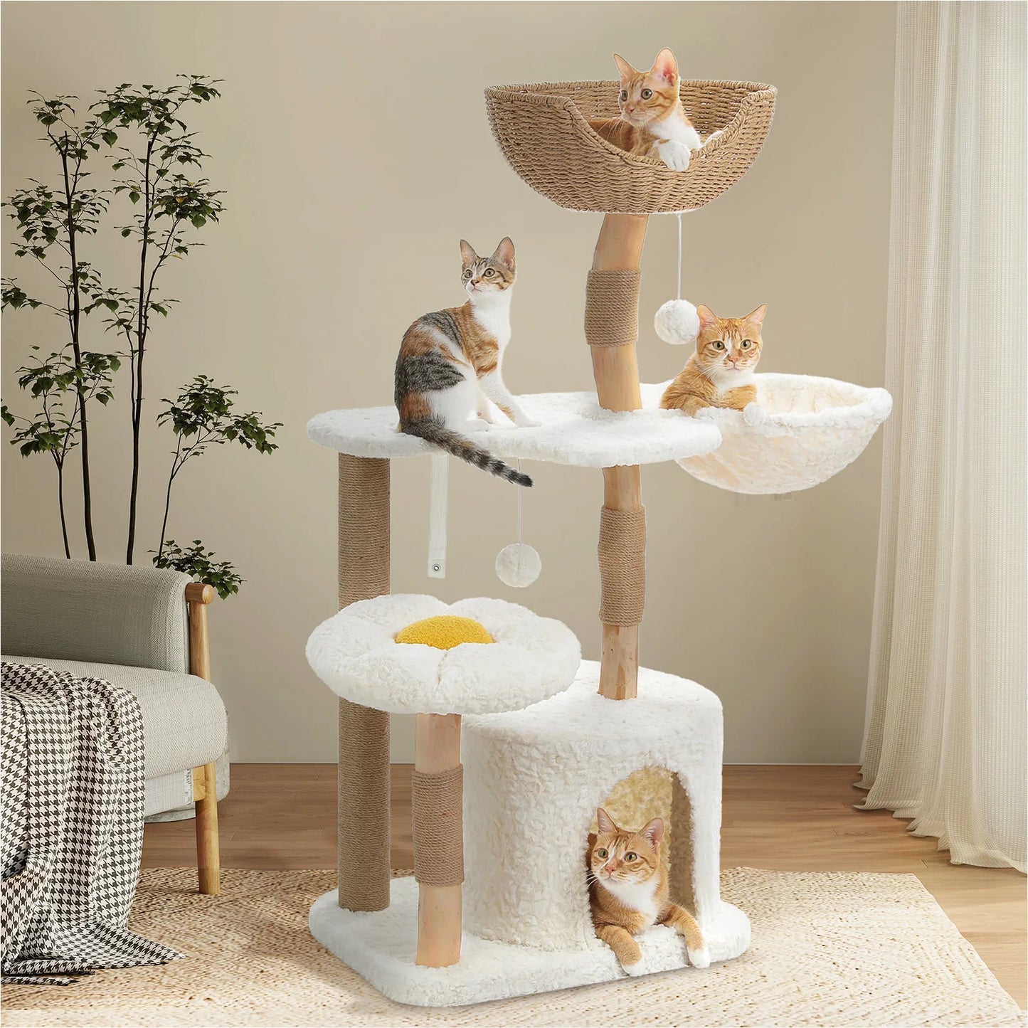 Solid Wood Cat Tree Modern Cat Tower with Spacious Cat Condo, Flower Perches, Fun Pompom, Double Comfort Perfect for Indoor Kittens