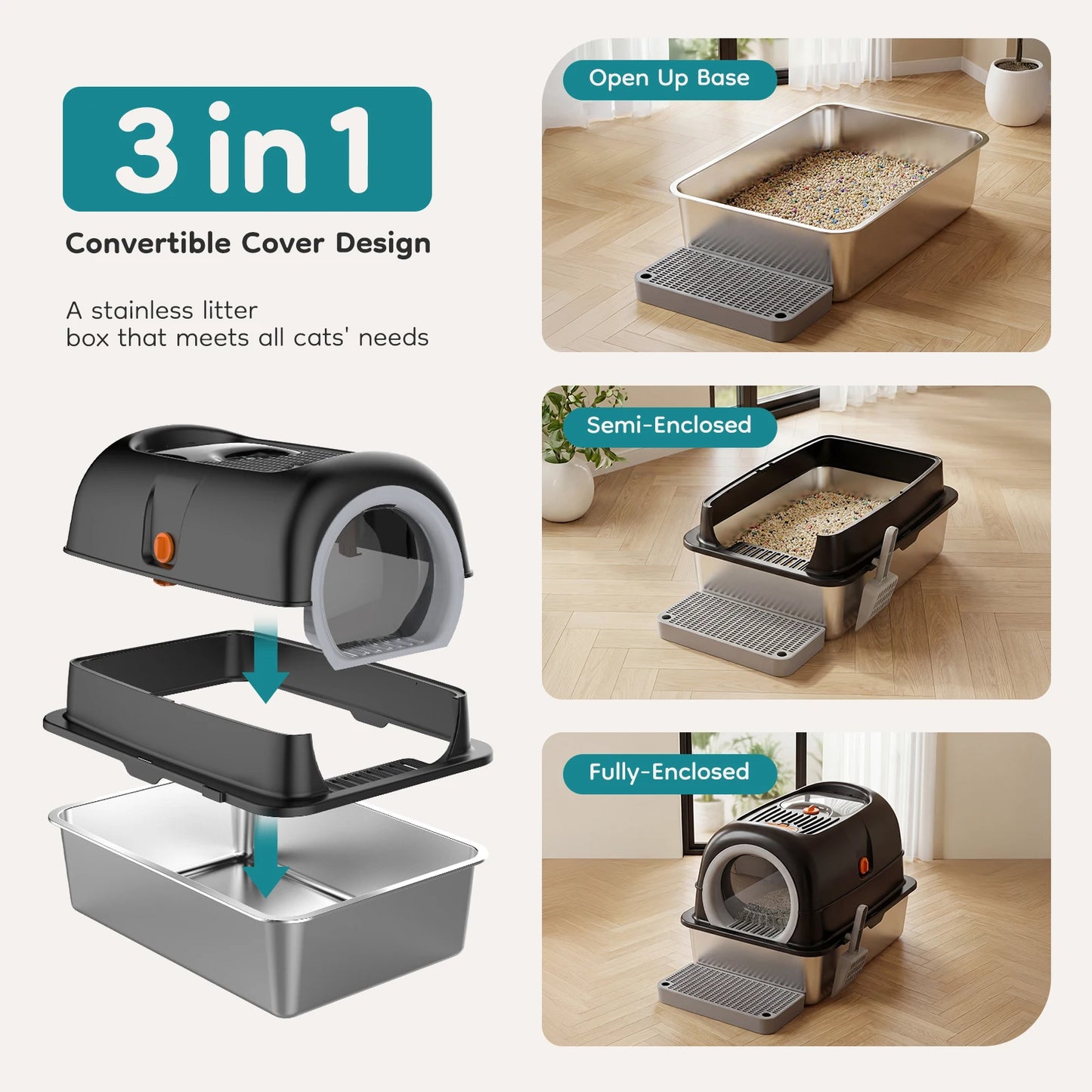 24 Inch Stainless Steel Cat Litter Box with Fully Enclosed 30L Large Cat Litter Box for Big Cats, Cat Box Scoop and Mat Included
