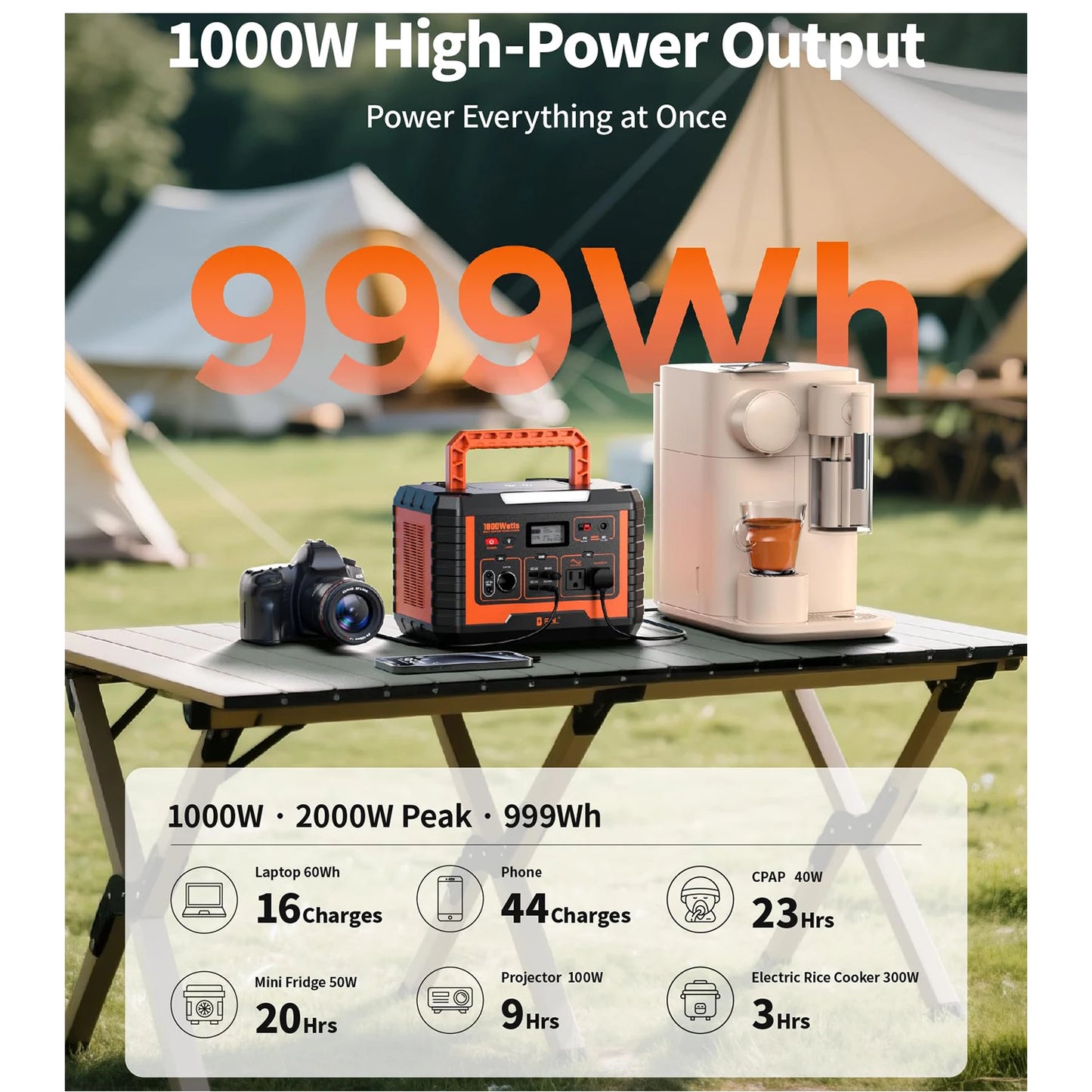 Portable Solar Generator 1000W Power Station Wireless Charging 110V Pure Sine Wave AC Outlet with PD 60W Fast Charge Battery