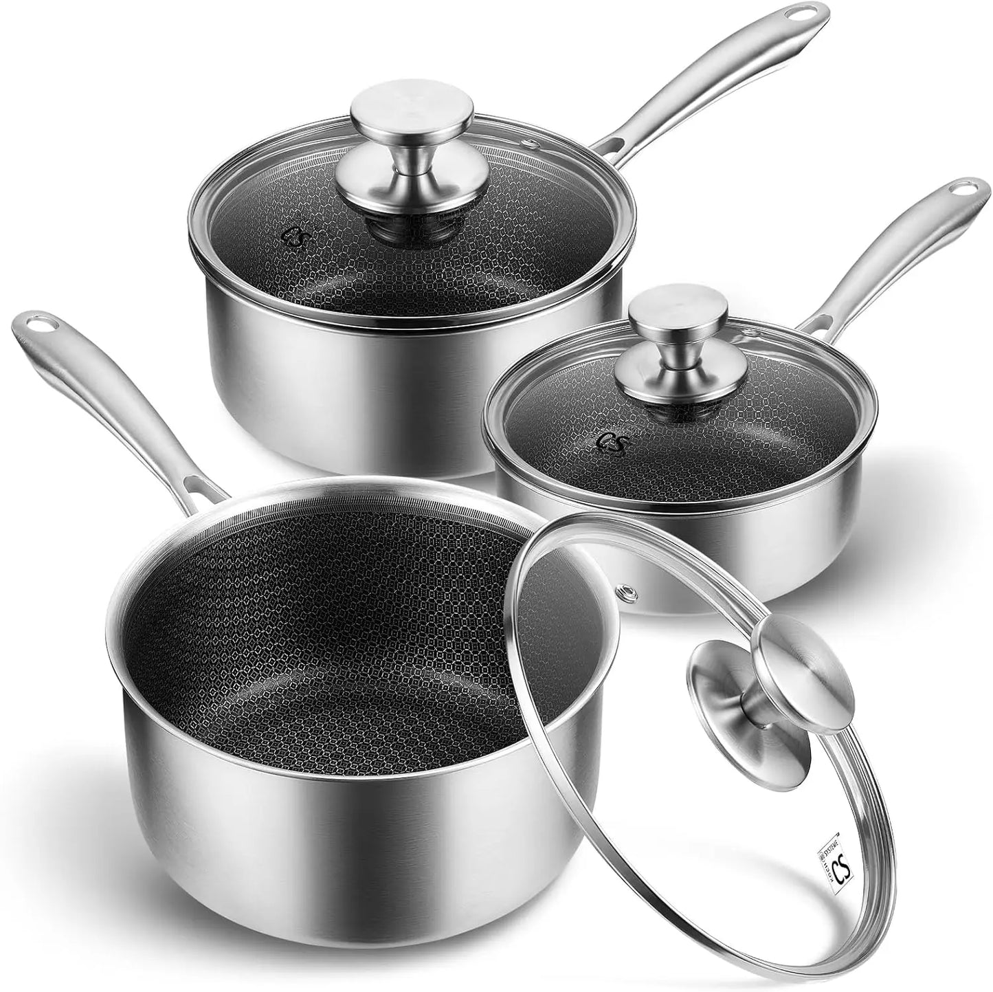 Hybrid Nonstick Stainless Steel Saucepan, 1+2+3 Quart Tri-Ply Stainless Steel Sauce Pan, Sauce Pan Set