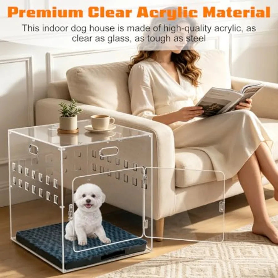 Acrylic Dog House, 27.5" L x 20" W x 24.5" H Clear Indoor Dog Crate Furniture for Small and Medium Dogs, Modern Transparent Pet