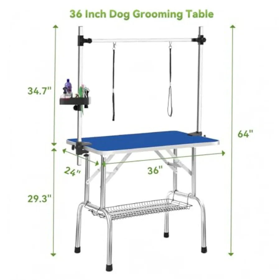 36" Stainless Steel Dog Grooming Table Foldable Pet Grooming Stand with Adjustable Arm 2 Nooses 2 Storage Baskets Anti-Slip