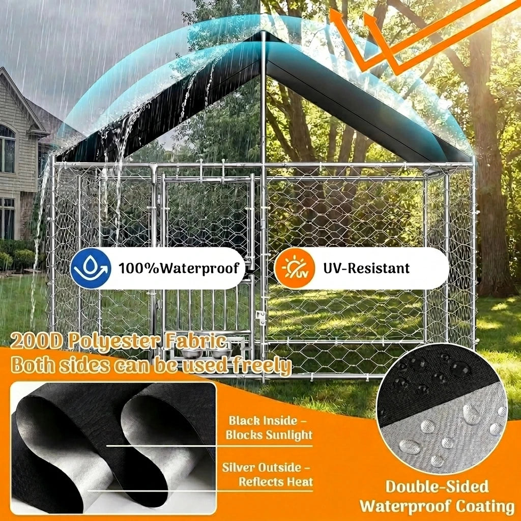 Dual-Openning Door Designed Heavy Duty Large Outdoor Dog Kennel with 200D Waterproof UV-Resistant Roof and 360° Rotate Dog Bowls