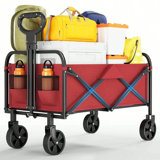 Wagon Carts Foldable, Garvee Life Utility Collapsible Grocery Wagon with All-Terrain Wheels, Drink Holders & Adjustable Handle