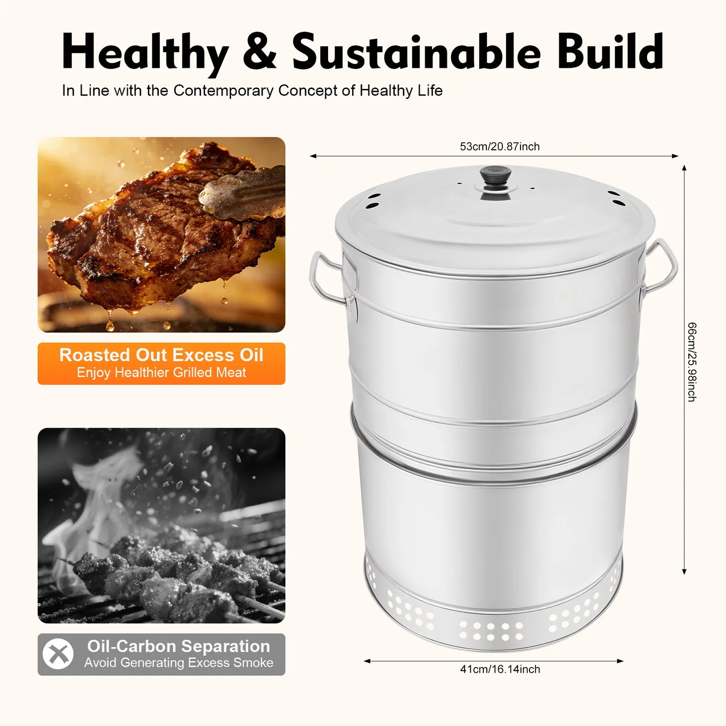 Portable Charcoal Barbecue Grill – 201 Stainless Steel – 16.14"x25.98" – 360° All-Round Grilling – Oil-Carbon Separation – 50 Skewers – Vertical Hanging + Grill Net – Fire Pit – for Camping Party Backyard