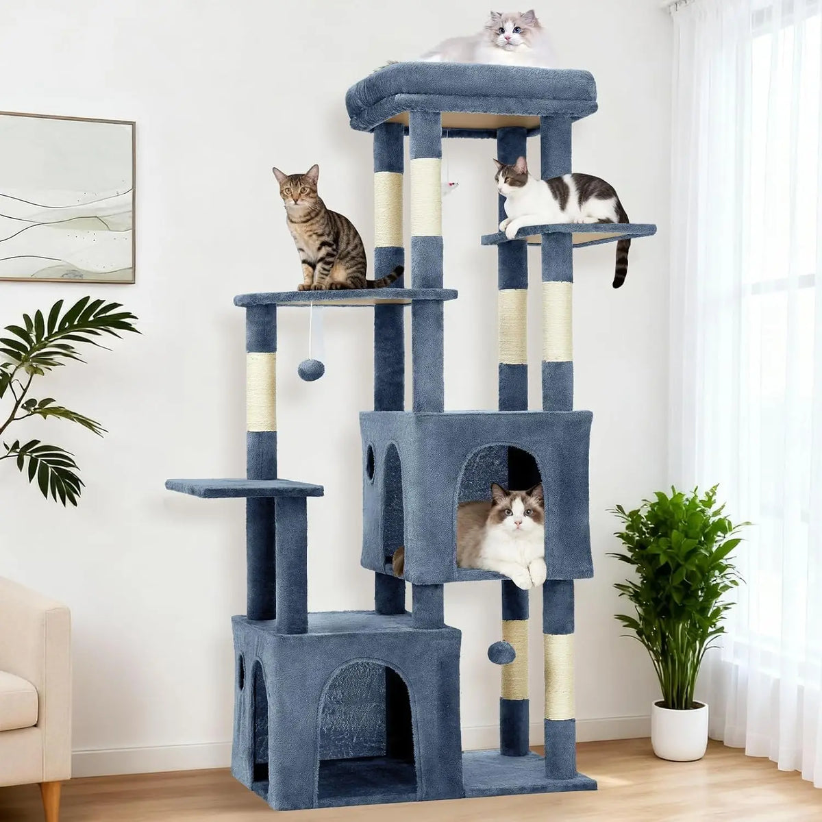 61-Inch Large Cat Tree Tower with 7 Scratching Posts, 2 Cat Condos, Top Perch Multi-Level Cat Climbing Tree Furniture with Hanging Toys Anti-Toppling Design for Indoor Cats Multi Cat Homes