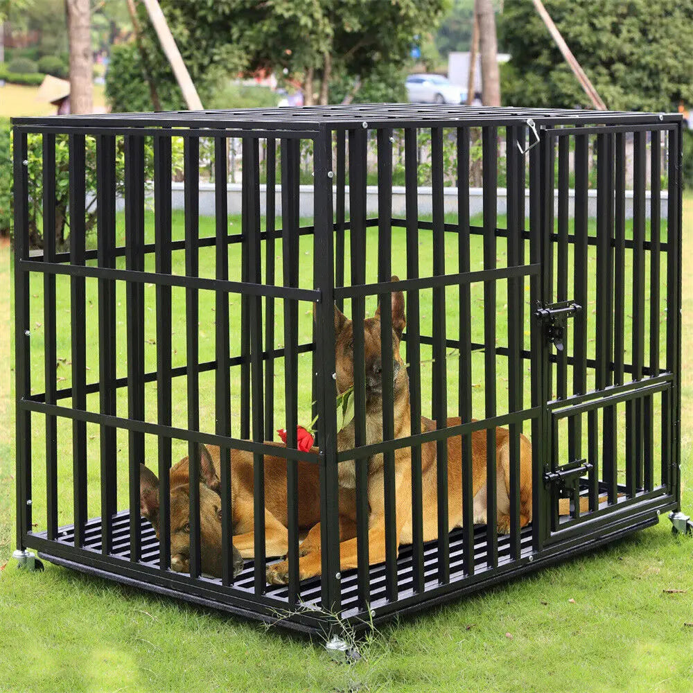 Large Heavy-Duty Dog Crate with 4 Lockable Wheels, 3 Doors, and Tray Metal Pet Kennel Cage Playpen for Medium, Large Dogs