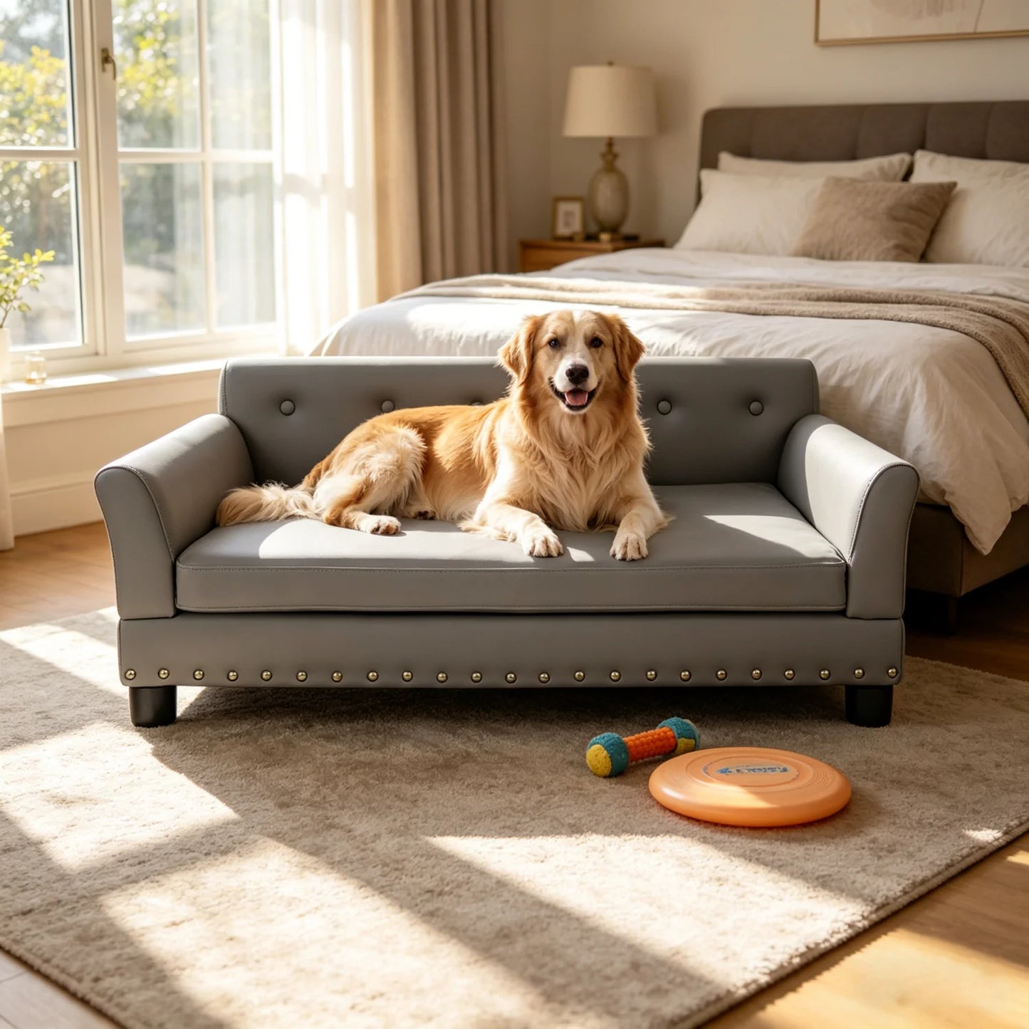Elevated Dog Sofa for Medium to Large Dogs Couch Bed Microfiber Leather Cover Pet Snuggle Lounge Chair with Removable Cushion