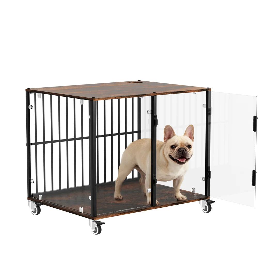 Indoor Dog Cage: Furniture-Style Tempered Glass Dog Pet Cage Dog Kennel End Table Crate with Smooth Rolling Wheels