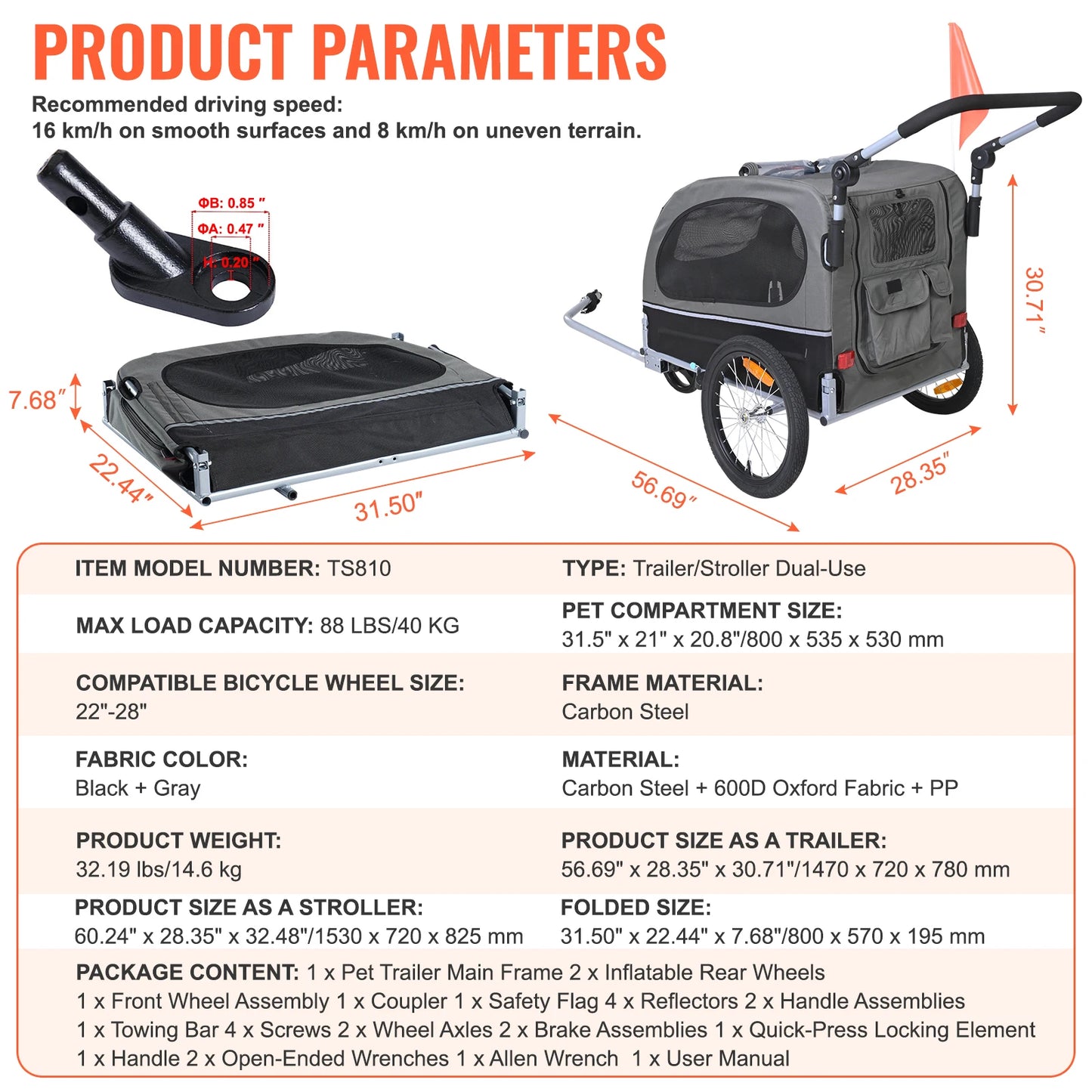 88 lbs 2-in-1 Pet Stroller Cart Dog Bike Trailer With Wheels Reflectors Easy Folding Cart Frame Bicycle Coupler Carrier