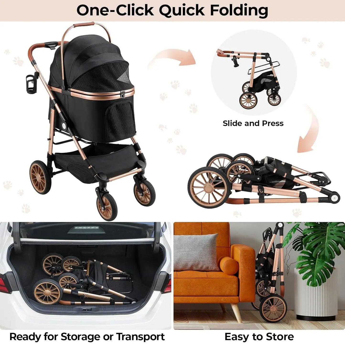 360° High Wheels Transport Foldable Cat Pet Stroller 2-in-1 Dog Buggy Stroller Dog Box Can Be Attached in Car, Max. Load 25 kg