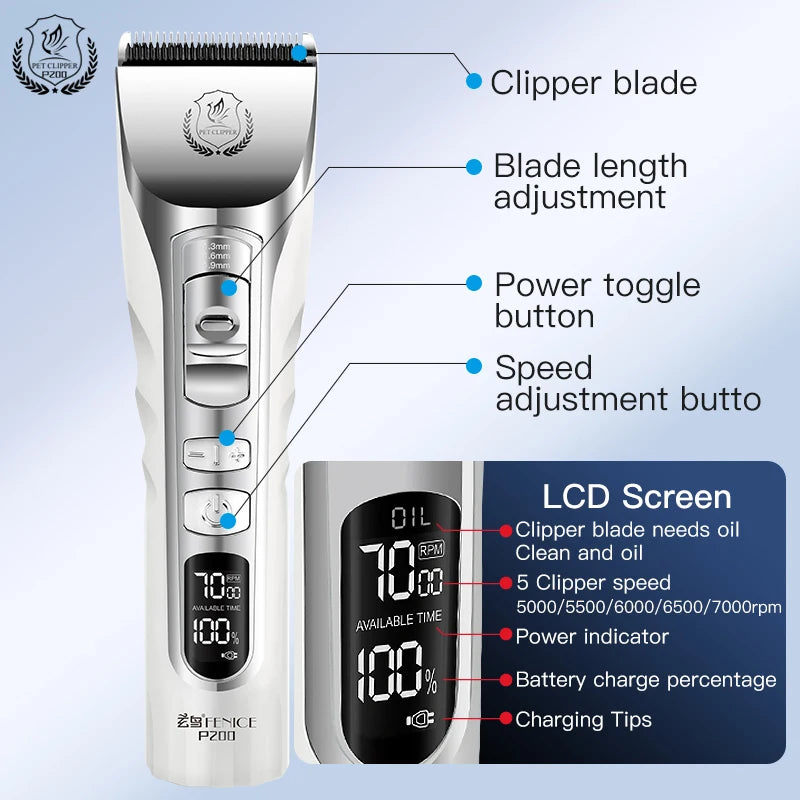 New Upgrade 5000mA Capacity Cordless LCD Screen Pets Dog Grooming Clippers Rechargeable Haircut Shaver for Trimming Salon
