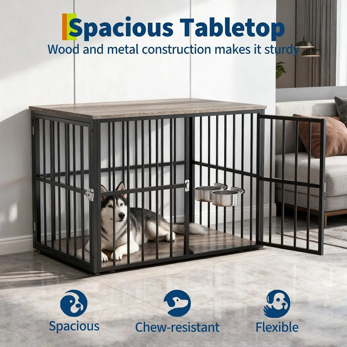 43 Inch Dog Crate Furniture Wooden Dog Kennel End Table Side Table Nightstand for Large Medium Dogs up to 90 Lbs Heavy-Duty Indoor Pet Cage with Lockable Double Doors Removable Tray Divider Panel for Living Room Bedroom Entry