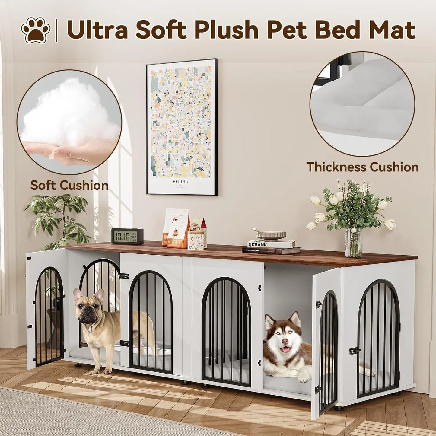 Dog Crate Furniture for 2 Dogs, 71" Dog Kennel Indoor with Cushions, XXL Wooden Dog Crates TV Stand with Removable Divider