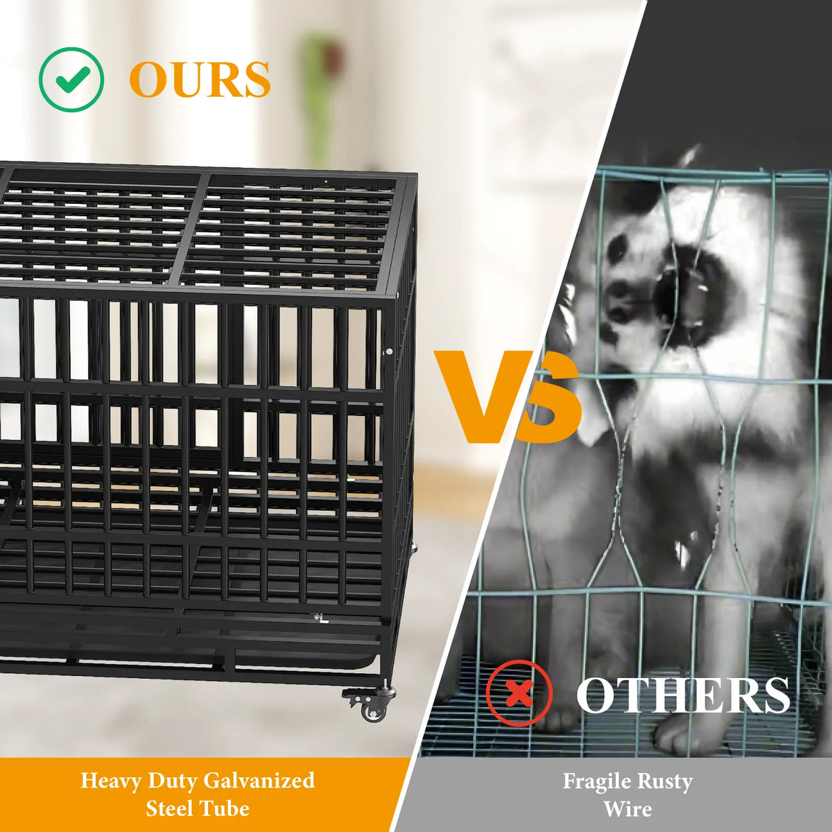 48" Heavy-Duty Dog Crate, Escape-Proof Steel Cage for High Anxiety Dogs with Double Doors, Lockable Wheels & Removable Tray, Indoor Outdoor