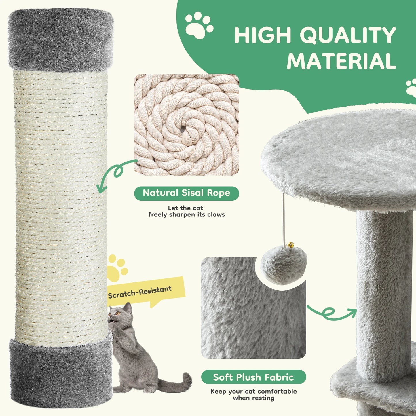44" Cat Tree Tall Multi-Cat Climbing Tower for Pet Furniture Natural Sisal Scratching Posts Stable Pet House for Indoor Cat