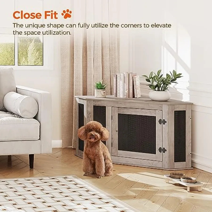 Corner Dog Crate Furniture, Wooden Dog Kennel End Table, Decorative Pet Crate Indoor Use, Furniture Style Dog House for Small to Medium Dog