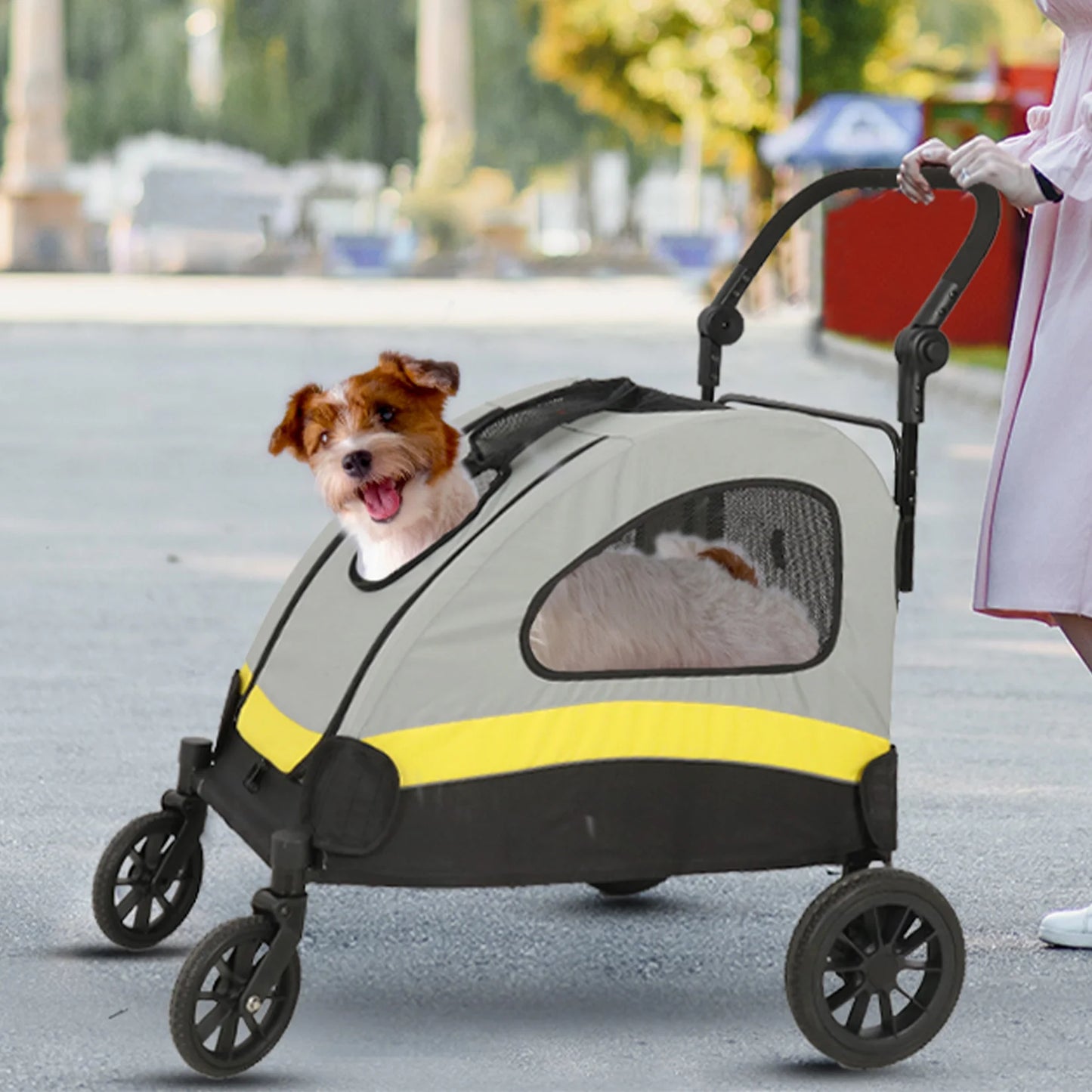Portable Outdoor Small Dog & Cat Travel Stroller Folding Jogger Wagon Carrier with Adjustable Handle and Safety Leash