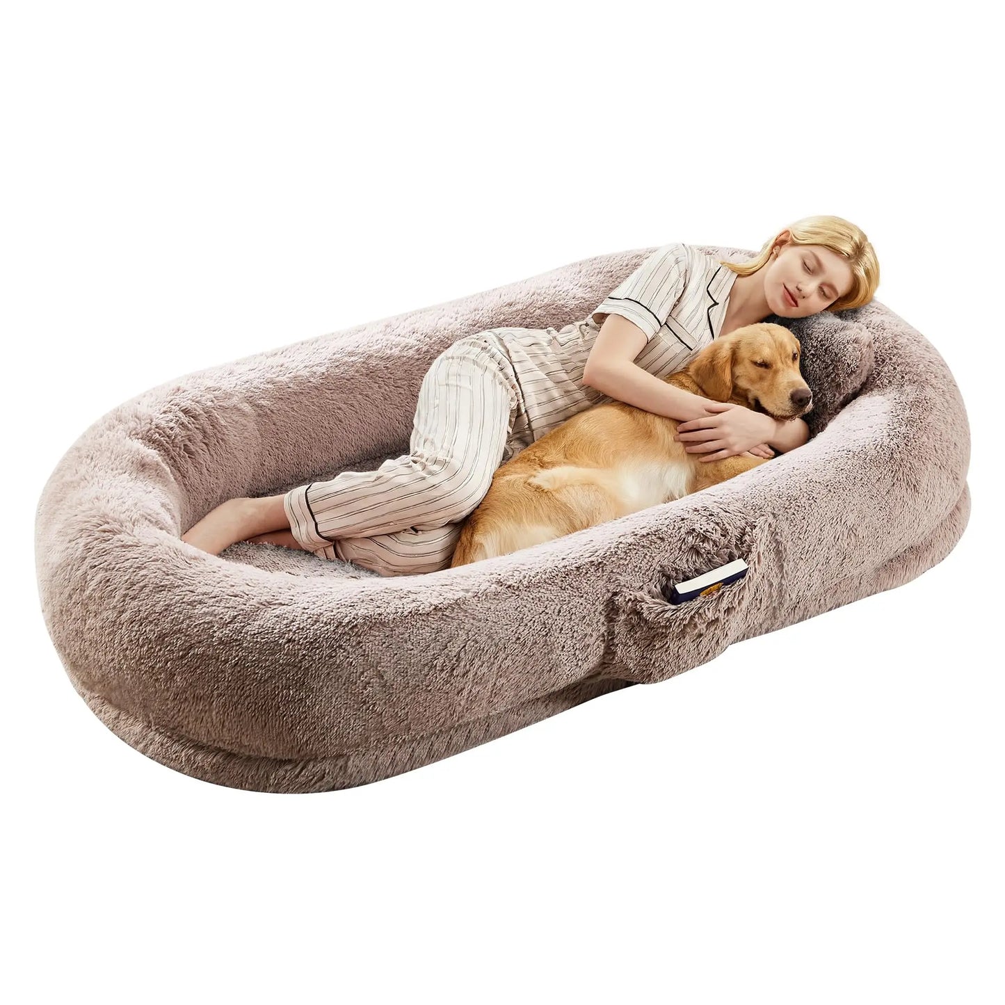 Oversized Human Dog Bed Orthopedic Faux Fur Pet Bed With Pillow Side Pocket Waterproof Lining & Anti-Slip Bottom