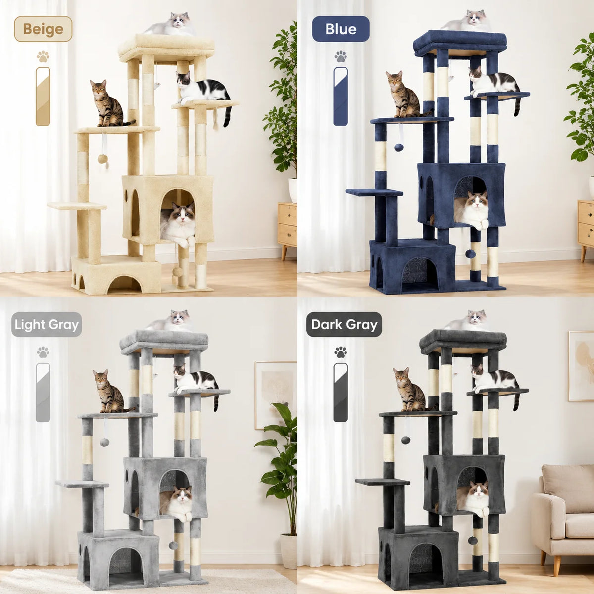61-Inch Large Cat Tree Tower with 7 Scratching Posts, 2 Cat Condos, Top Perch Multi-Level Cat Climbing Tree Furniture with Hanging Toys Anti-Toppling Design for Indoor Cats Multi Cat Homes
