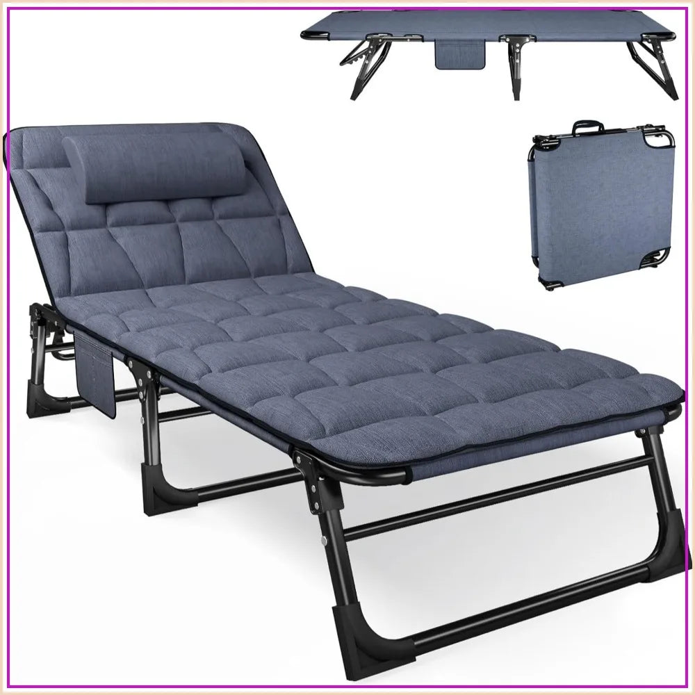 Folding Camping Cot for Adults with Padded Mattress & Pillow, Adjustable Reclining Lounger, Ideal for Camping, Travel, Garden, Office