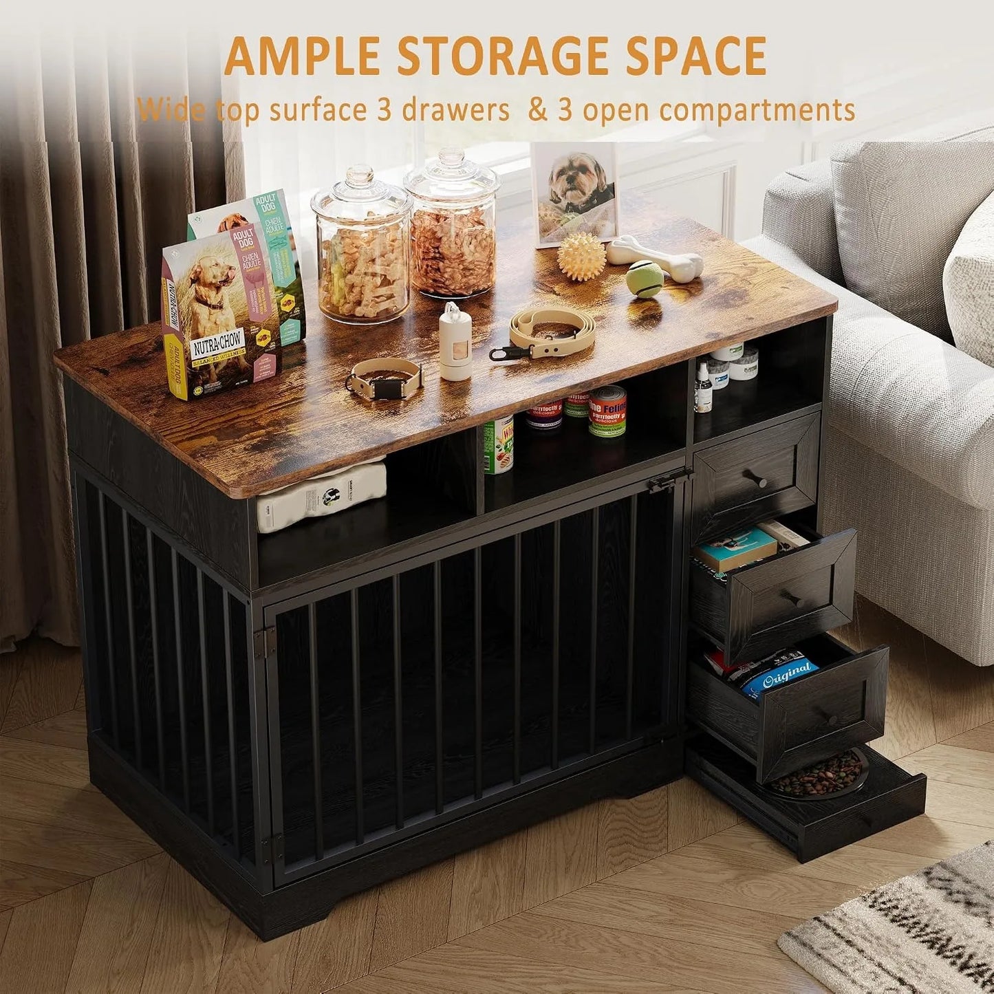 48 Inch Dog Crate Furniture with Feeding Bowl Storage Drawers Heavy Duty Wooden Dog Kennel Cabinet Lockable Indoor Pet Cage Table for Small Medium Dogs Living Room Bedroom Office