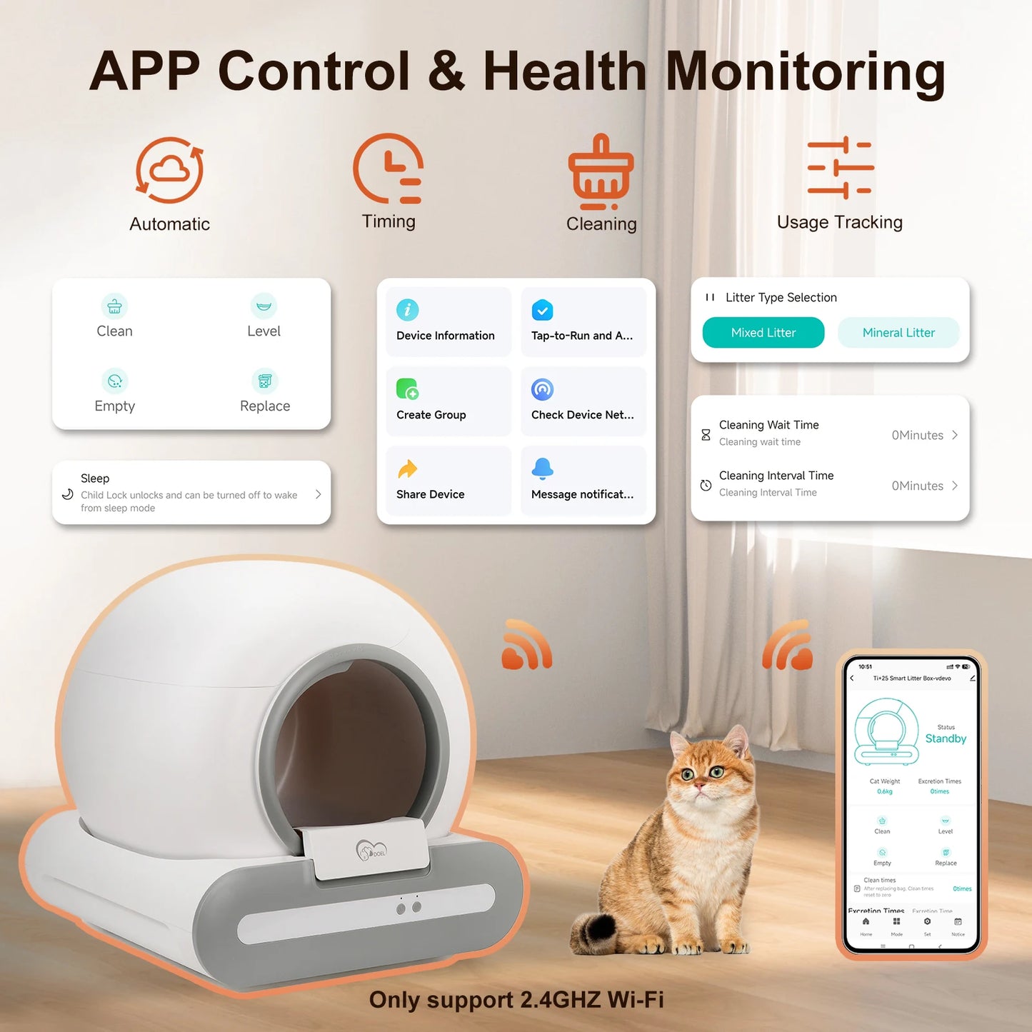 65L Self-Cleaning Cat Litter Box App Control, ONLY Supports 2.4G WiFi w/Litter Mat & Trash Bags, Fit for Tofu & Mixed Litter