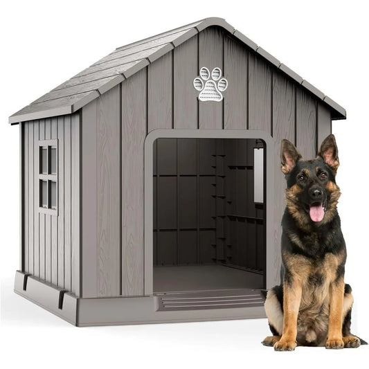 Dog House Outdoor Indoor,Dog House Weatherproof Resin Shelter with Air Vents and Elevated Floor for Small Medium Large Dogs