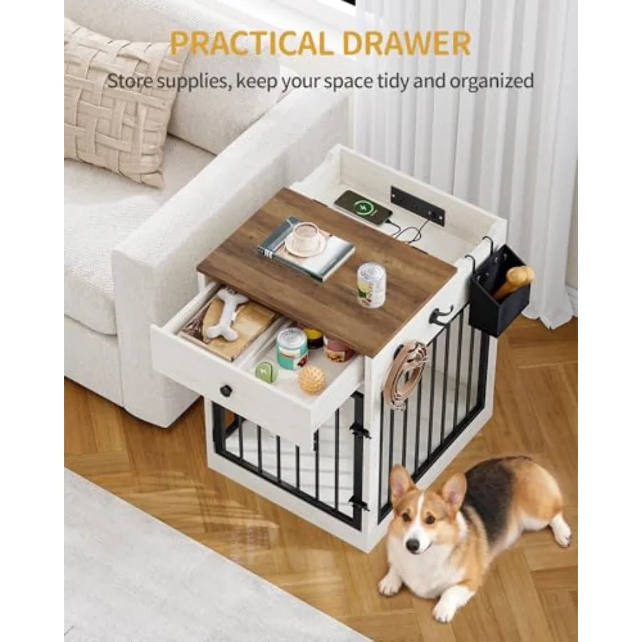 24.6'' Dog Crate Furniture with Charging Station, Dog Kennel Indoor with Flip-Top Storage, Wooden Pet Cage Dog House End Side Table