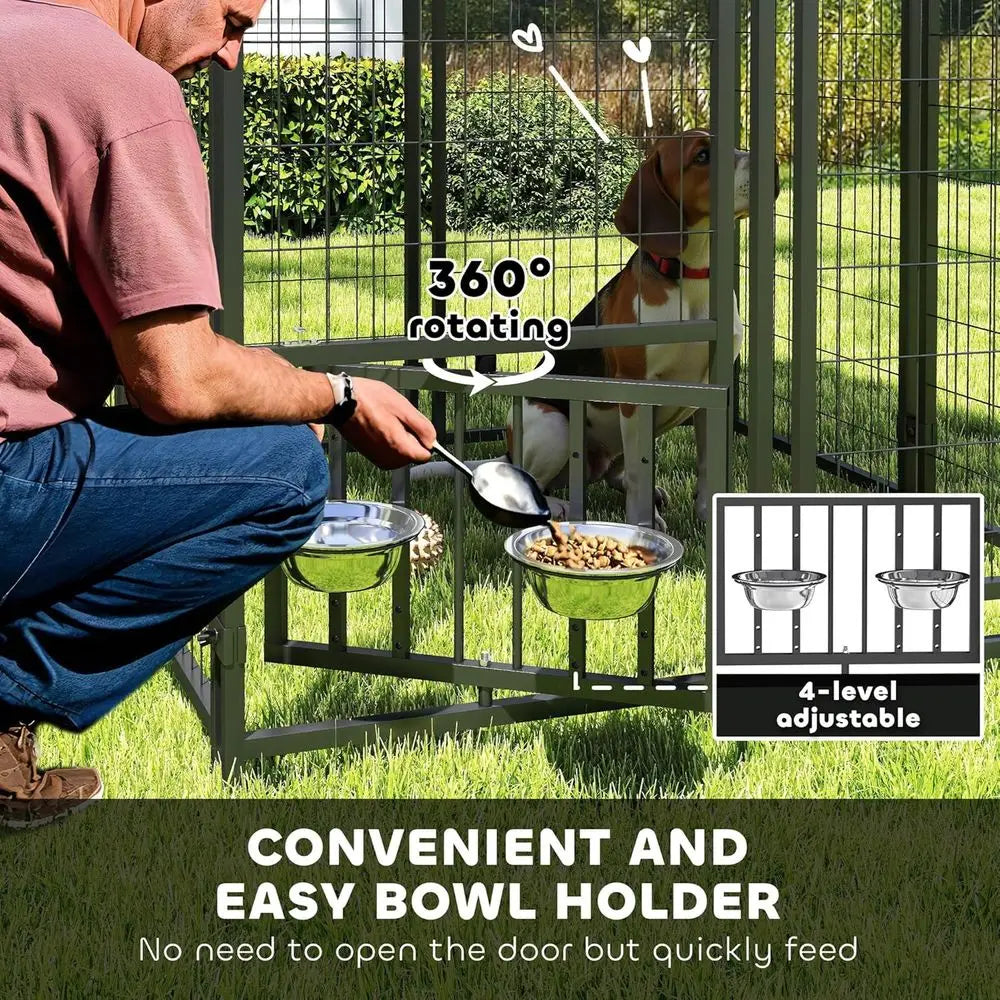 4ft Outdoor Dog Kennel with Rotating Bowls, Adjustable Levels, Weather-Resistant Cover for Medium Breeds, Pets, and Poultry