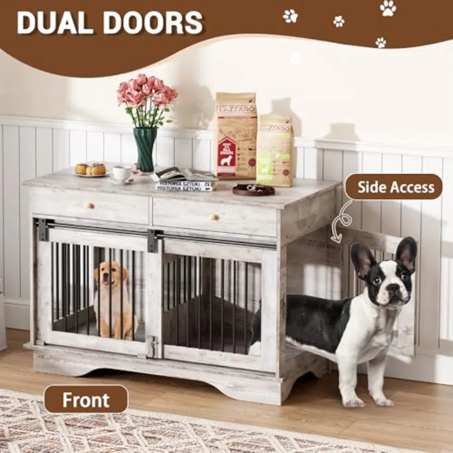47 Inch Dog Crate Furniture with 2 Drawers, Wooden End Table Indoor Dog House with Divider for Large, Medium, and Small Dogs, Multi-Function