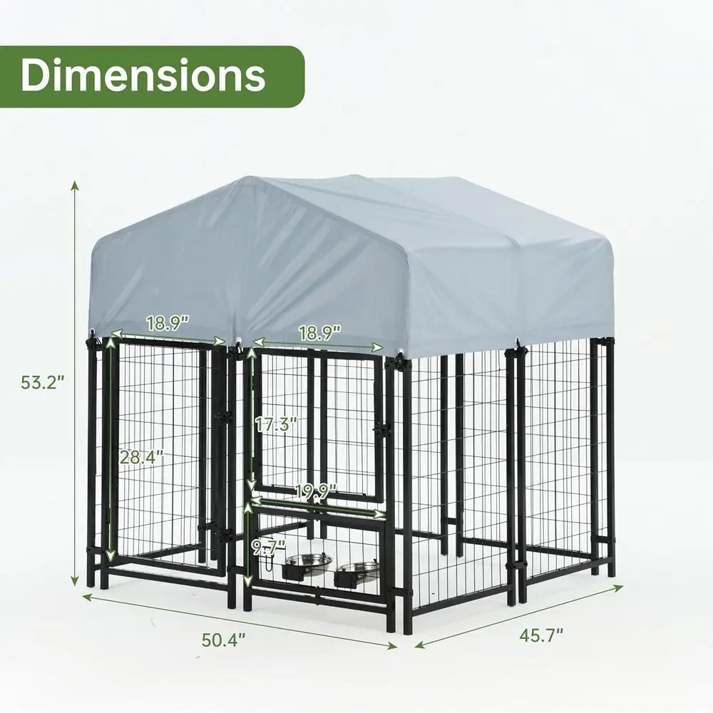 Outdoor Dog Enclosure Heavy Duty Dog Kennel House Mesh Dog Big Cage Pet Kennel Steel Fence with Secure Lock and UV-Resistant Water Bowls