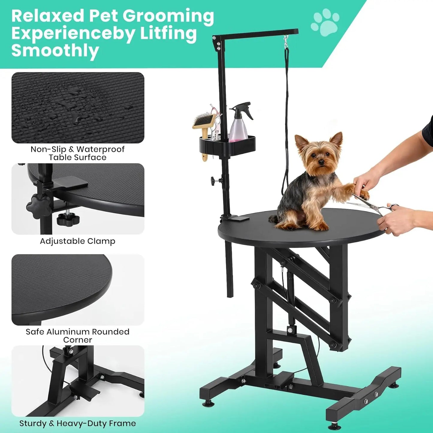 24'' Hydraulic Lift Dog Grooming Table, Adjustable Cat Drying Rotating Desktop Foldable, Adjustable Arm, Portable, Non-Slip Grooming Table for Large Small Dogs at Home, Capacity 250LBS, Pet Products