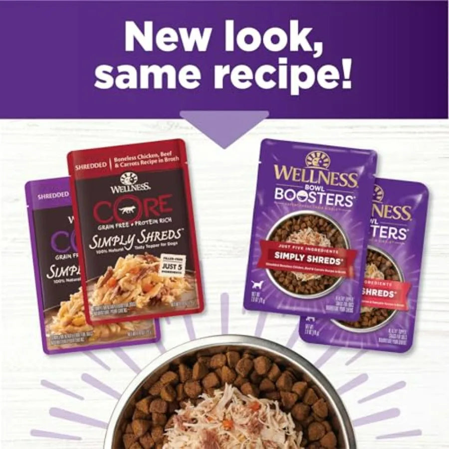 Bowl Boosters Simply Shreds Wet Dog Food Topper for Small, Medium, and Large Breeds, Grain Free, Natural, Recipes, Pack of 12
