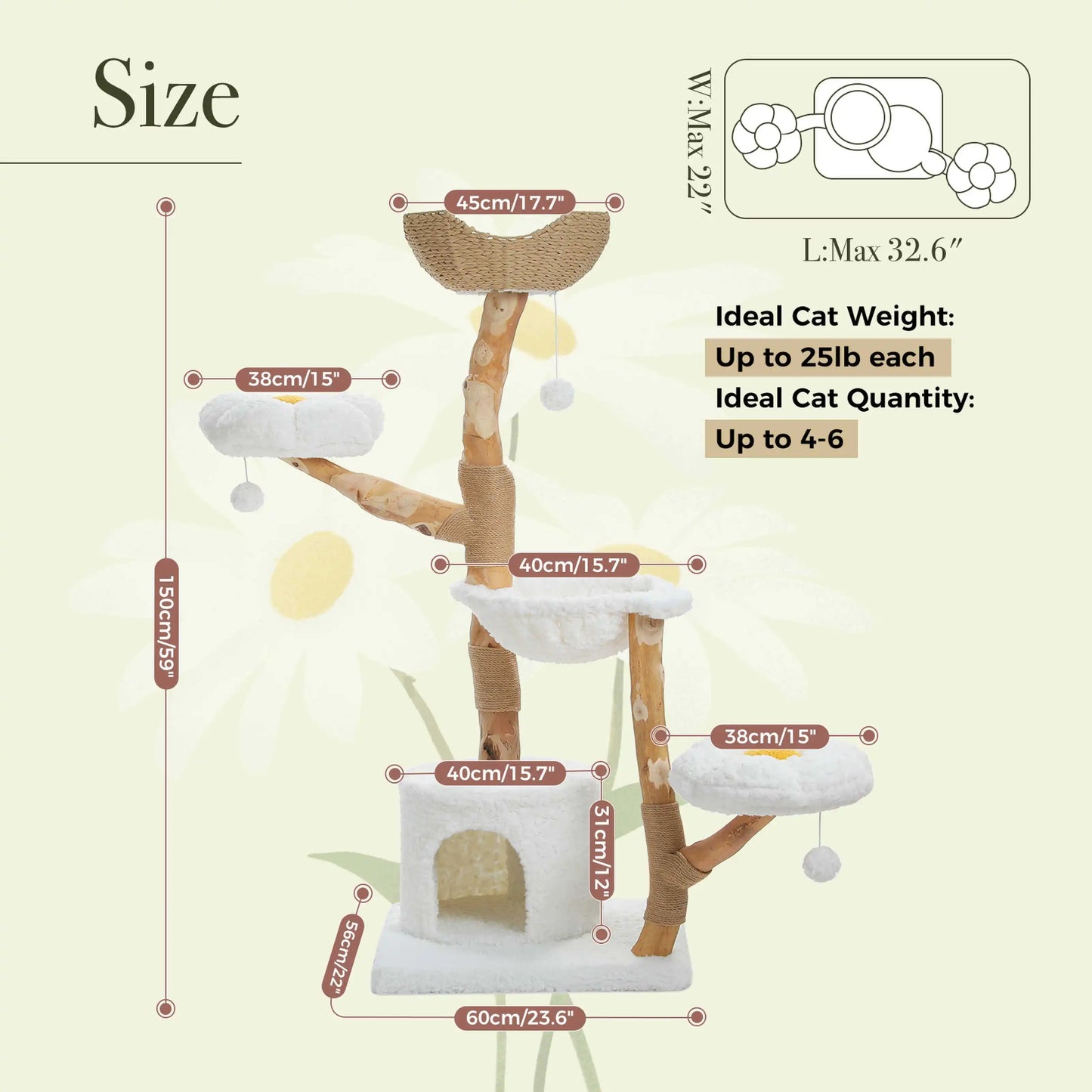 Solid Wood Cat Tree Modern Cat Tower with Spacious Cat Condo, Flower Perches, Fun Pompom, Double Comfort Perfect for Indoor Kittens