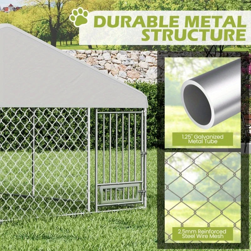 13'x 13' Large Outdoor Dog Kennel – Heavy Duty Metal Kennel with Waterproof Cover, Rotating Feeder & Lockable Door