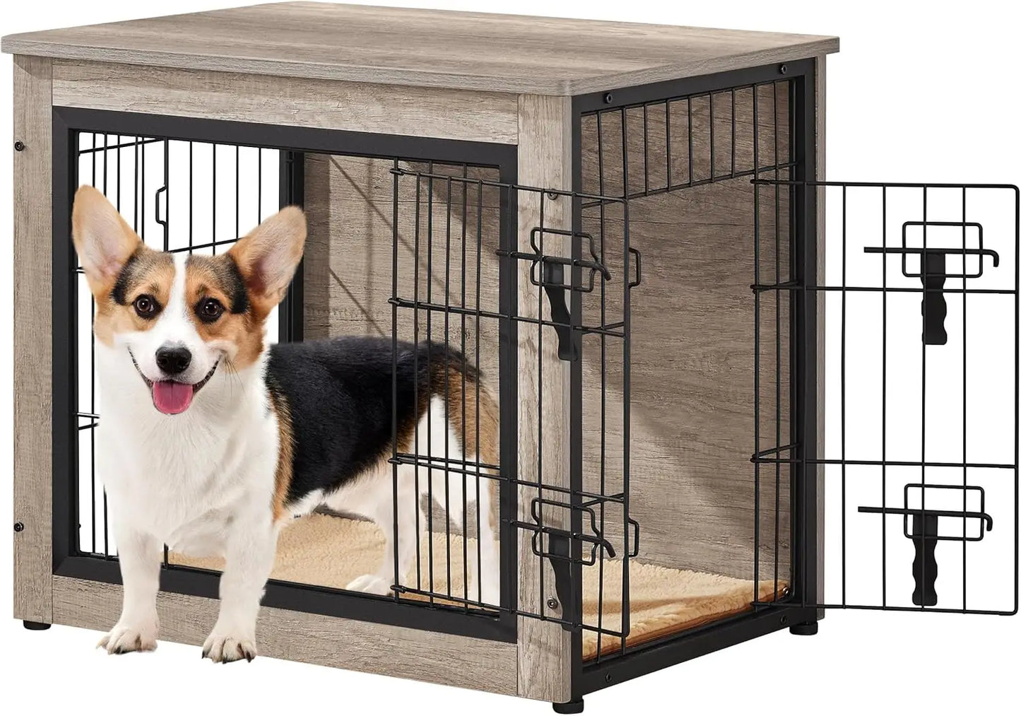 Wooden Dog Crate Furniture with Cushion, Double Doors, Side Table for Small/Medium Dogs, Greige