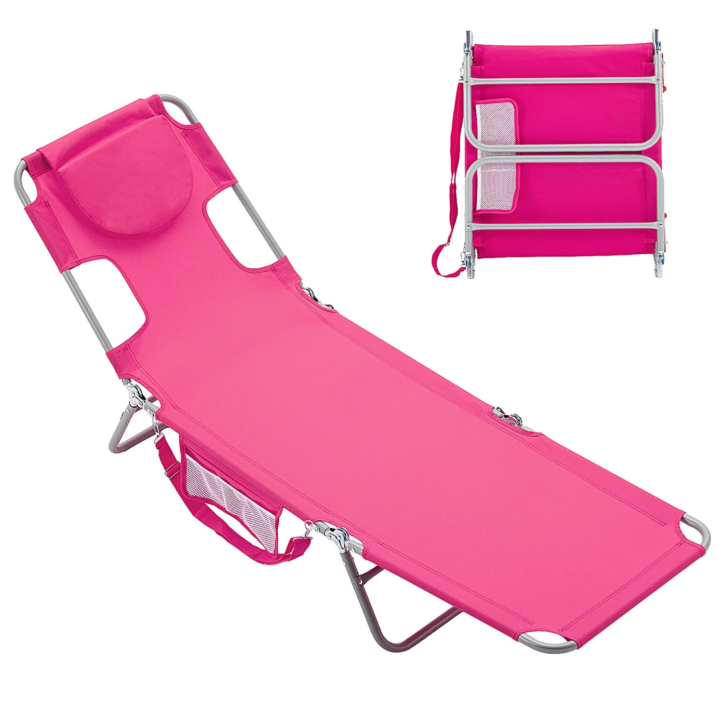 5-Position Adjustable Recline Beach Lounge Chair Portable Folding Sun Chairs with Face Arm Holes Max Load 225 LBS for Patio
