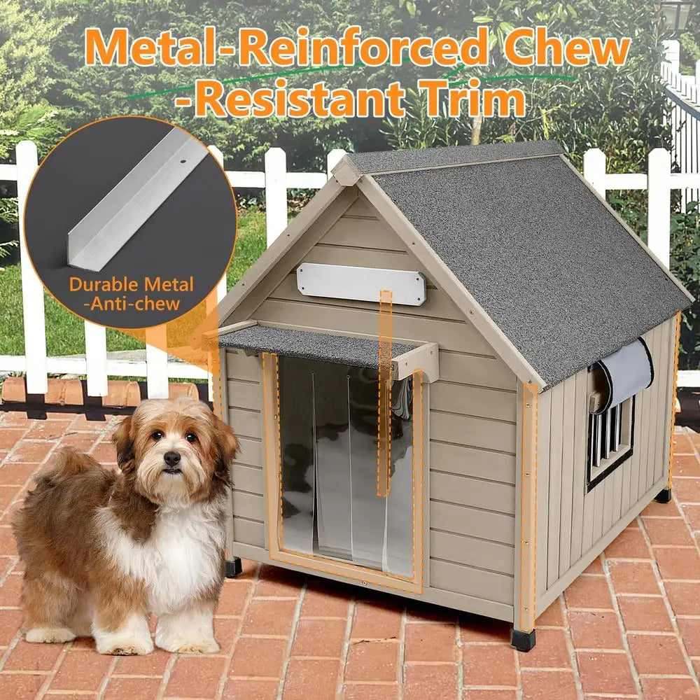 Large Dog House Indoor Outdoor with Window, Doghouse Kennel Shelter with Anti-Chewing Iron Frame for Medium to Small Dogs, Easy Assembly
