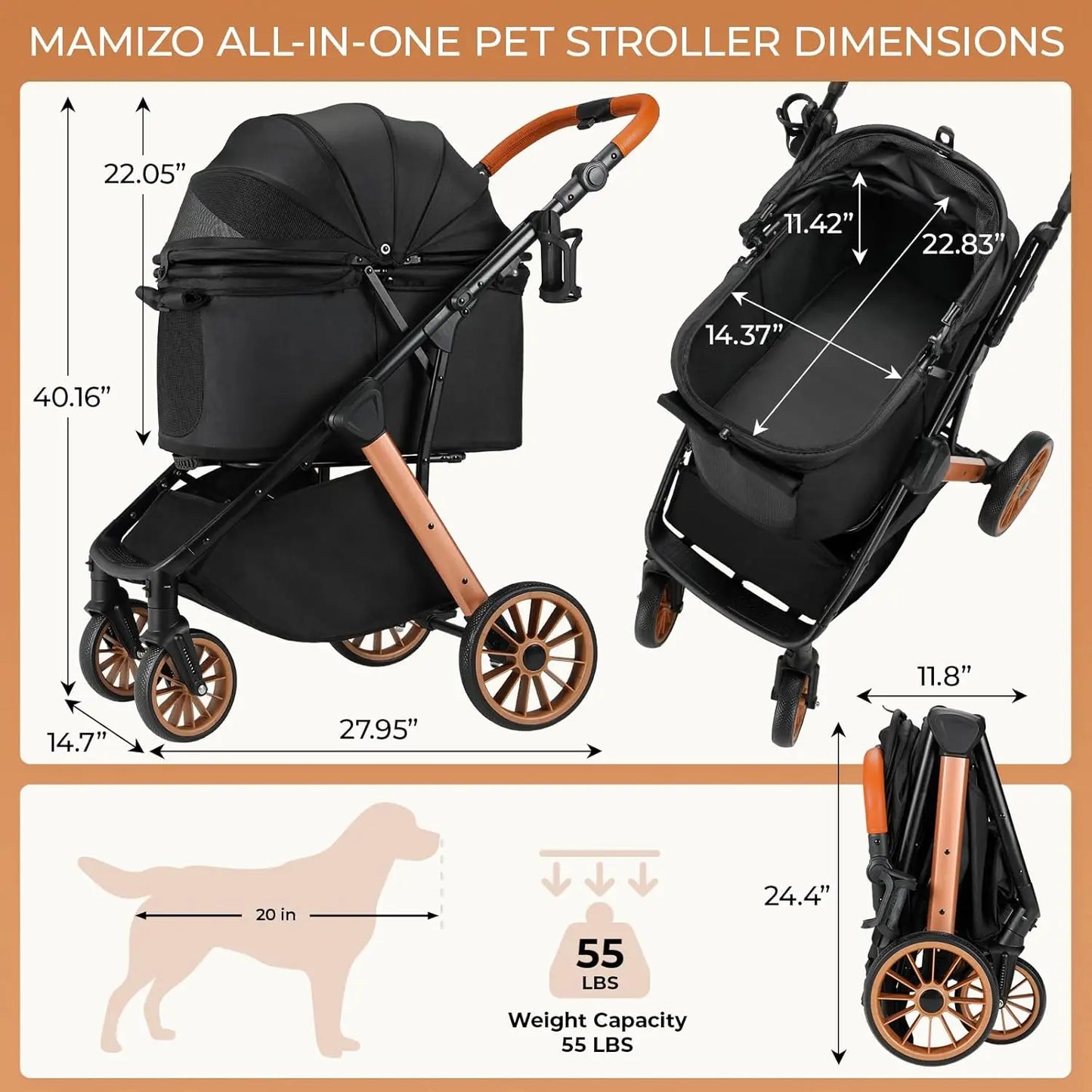 Foldable Pet Stroller for Medium Dog Cat, Pet Travel Carrier, Adjustable Handle with Sun Shade, Shock Absorbers, All-Terrain