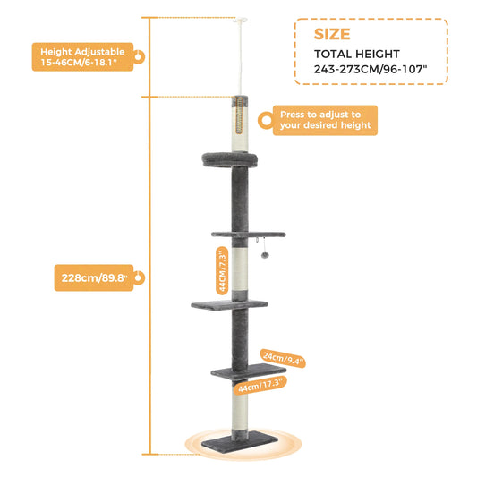 Adjustable Height Cat Tree for Indoor, Floor to Ceiling Cat Tower with Scratching Posts, Cat Scratcher Furniture, Kitten Toys